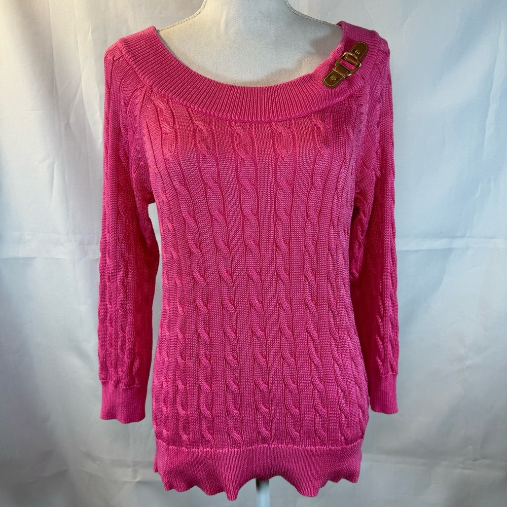 Ralph Lauren Cable Knit Buckle Pullover Pink Sweater Women’s Boat Neck Large